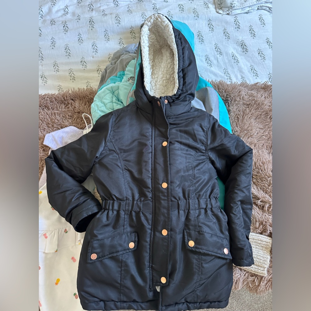 Tahari Girl black winter parka with rose gold detail